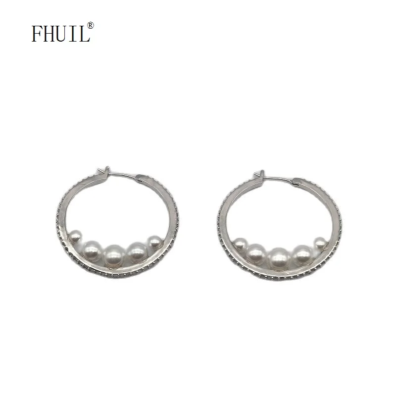 

New Trend Pearl Earrings For Women Light Luxury Designer 40mm Circle Hoop Earring Silver Color Fashion Jewelry Accessories Gift