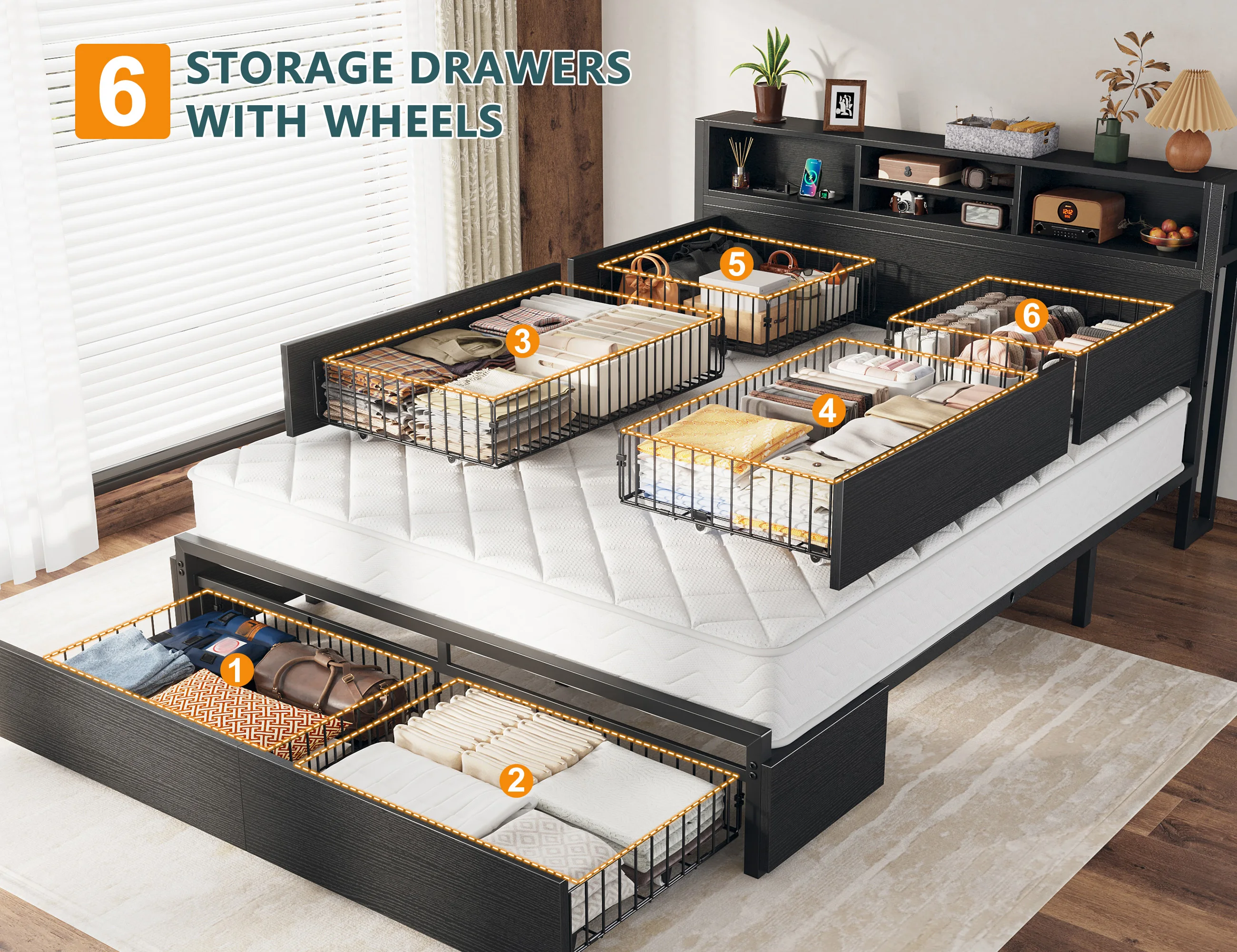 EnHomee Full/Queen/King Bed Frame with 6 Storage Drawers & Charging Station Metal Platform Bed Frame with Bookcase Headboard,No Noise view 3