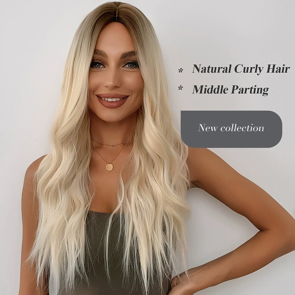 

Long Wavy Synthetic Wig for Women - Ombre Brown Middle Part Natural Looking Full Soft Heat Resistant Hairpiece