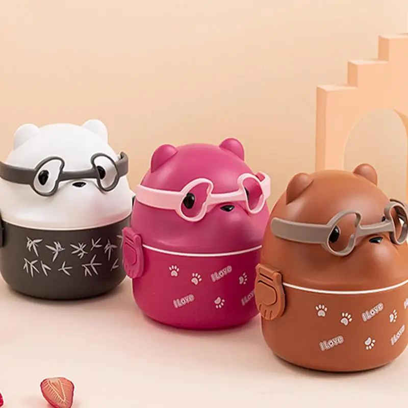 Stackable Bento Lunch Box Large Capacity Eyeglass Bear Bento Box Double Layer Portable Containers Food Vacuum Thermos Lunch Box