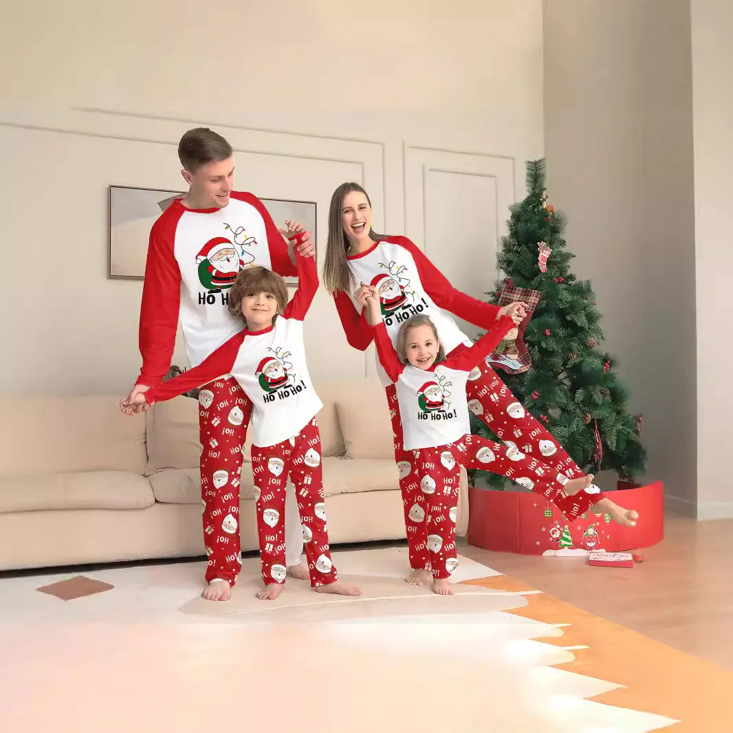 New Christmas Family Pajamas Set, Santa Claus printed round-neck red off-the-shoulder full-sleeved family home wear pajama set