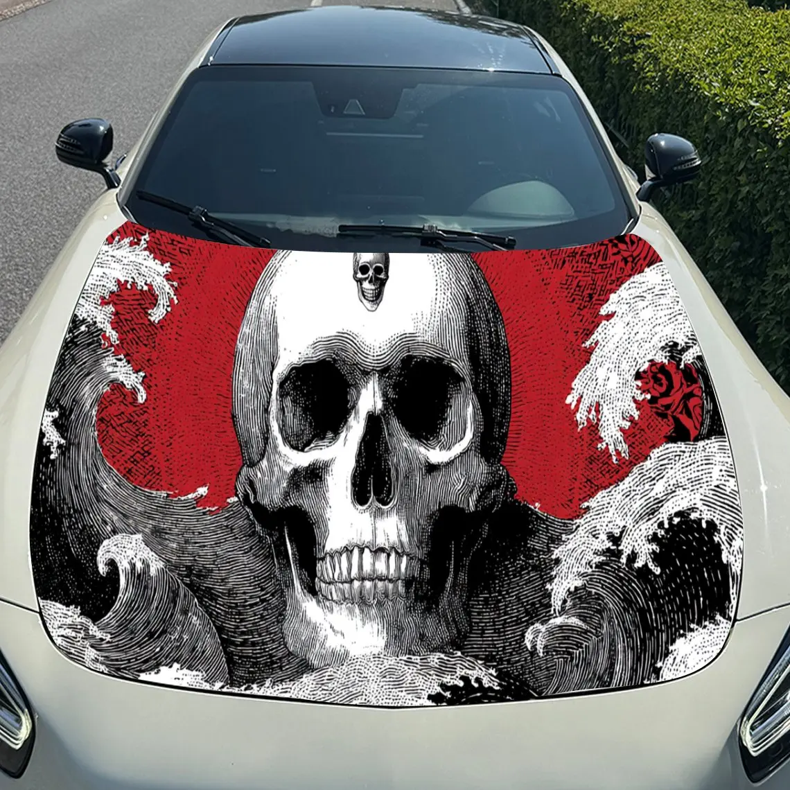 

Skull Waves Red Car Hood Sticker PVC Self Waterproof Stick, Striking Auto Exterior Accessories Decor Protect Gift for Car Lover