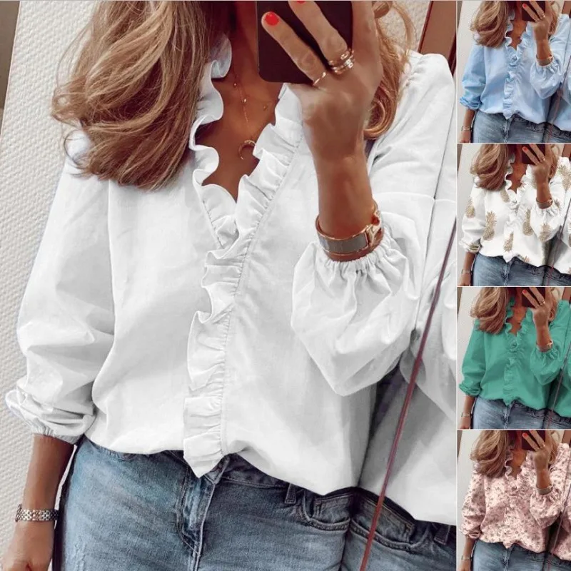 

2024 Spring And Summer Fashion Solid Women Blouse Elegant Ladies New Long-Sleeved Ruffled Shirt Casual Female Shirts