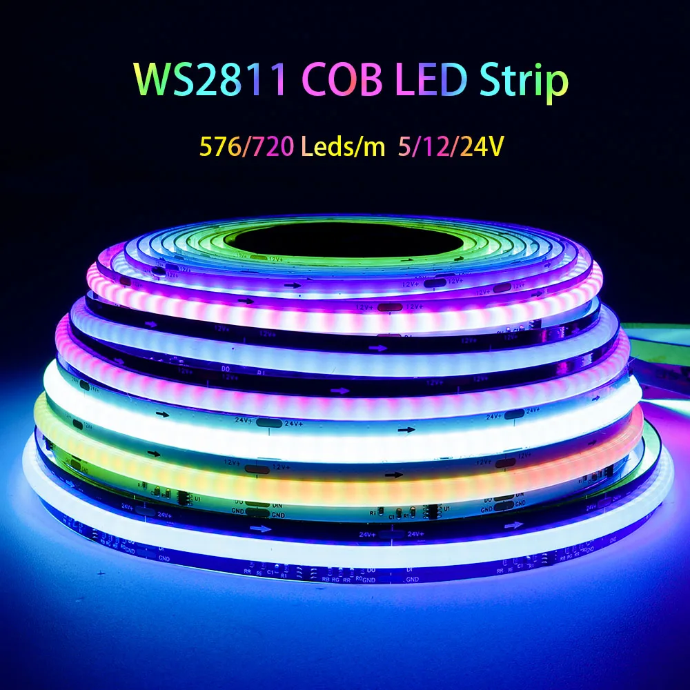 

WS2811 COB LED Strip 720/576Leds/m WS2812B High Density Addressable Flexible FOB Light Tape 10/12mm DC12V/24V White/Black PCB