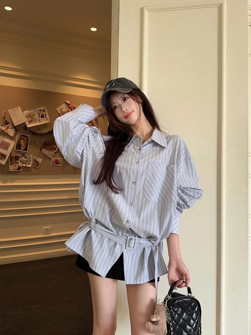 

Blue Striped Loose Long Sleeve Women's Shirt Spring Outerwear Elegant Lazy Style Premium Quality Collar Button up Top