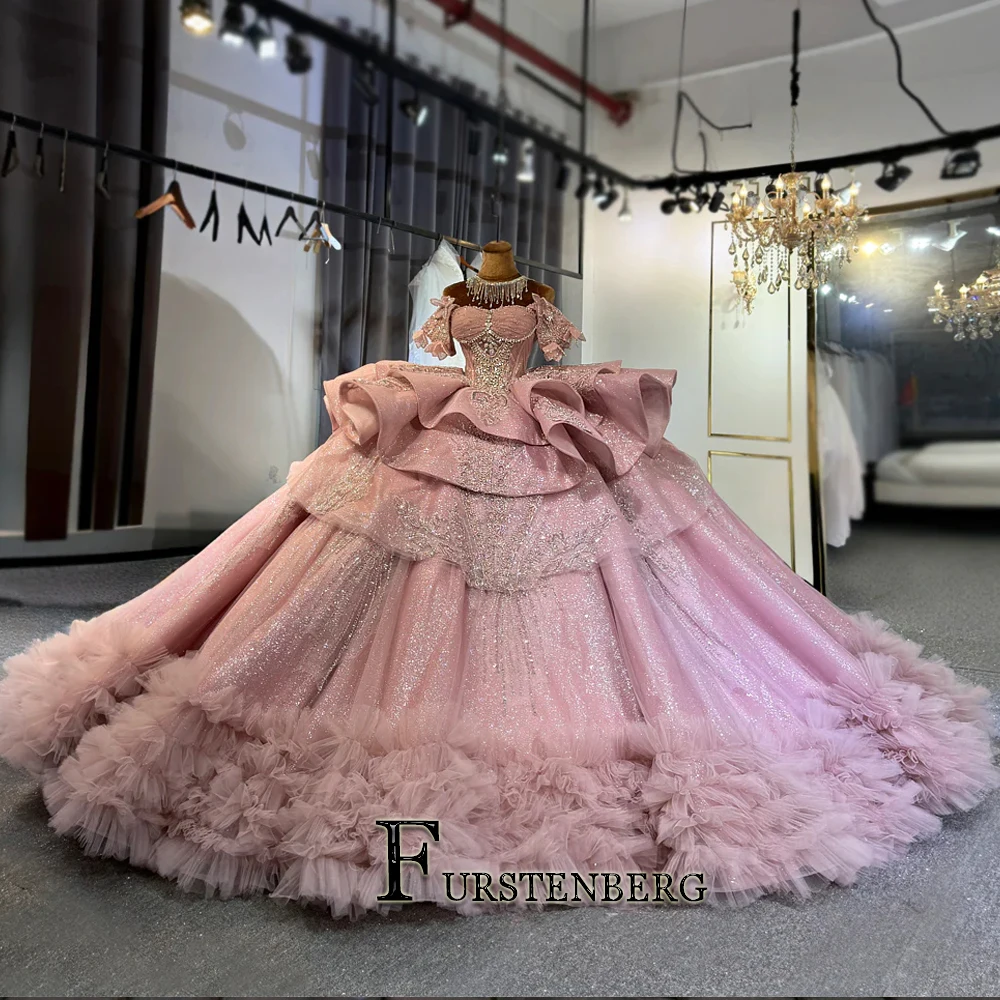 pink quinceanera dresses puffy Pink Off-the-Shoulder Lace-Up Back Quinceanera Dress Ball Gown, Pink / 18