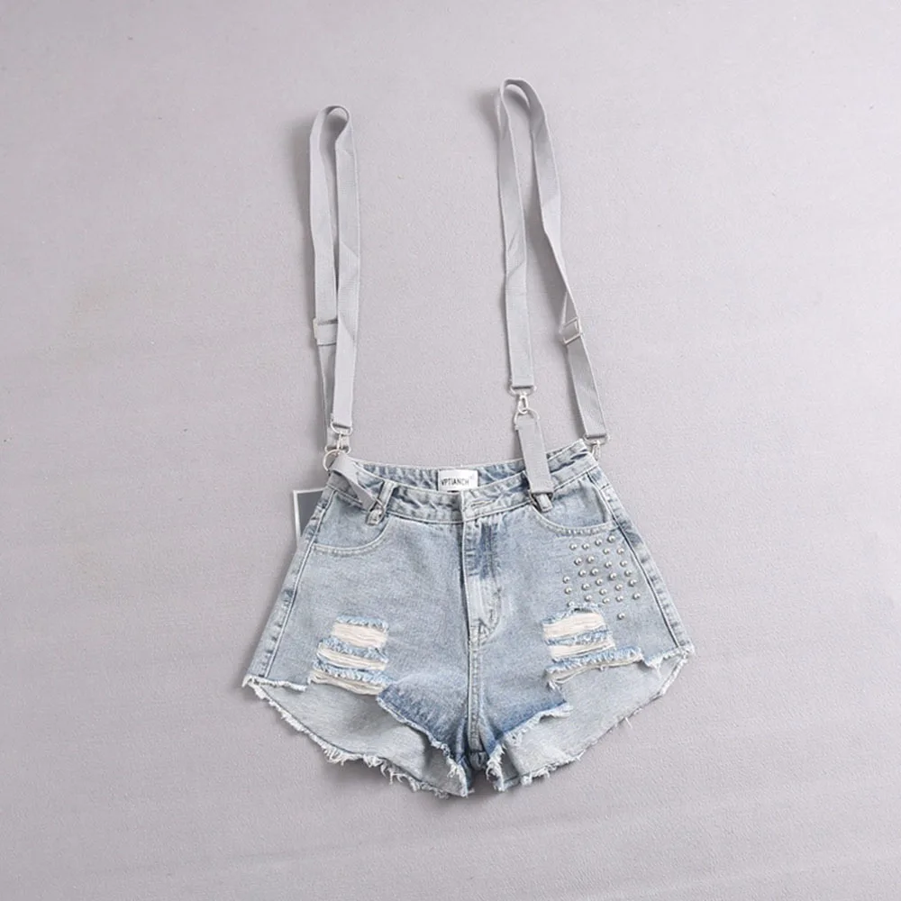 2024 Summer New Spice Girl's Denim Backpack Shorts High Waist Holes Loose Wide Leg Hot Pants Korean Fashion Rivet Overall Jeans