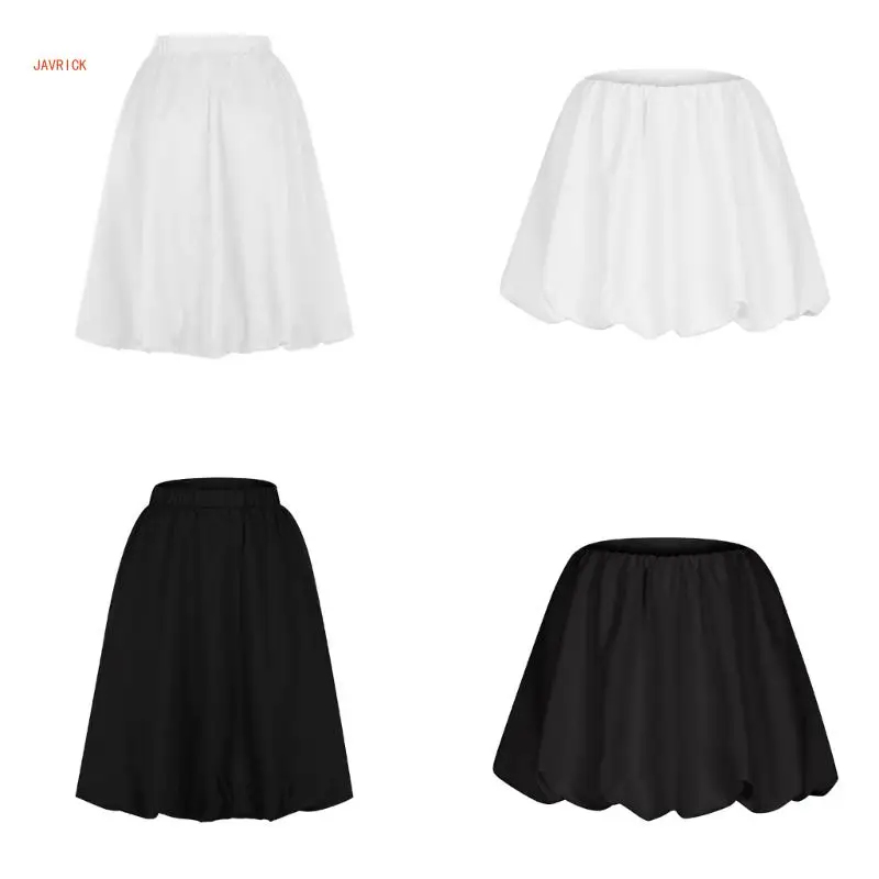 Casual Elegant Solid Color A Line Bubble Short Skirt for Women Elastic High Waist Ruffle Lantern Balloon Midi Long Skirt