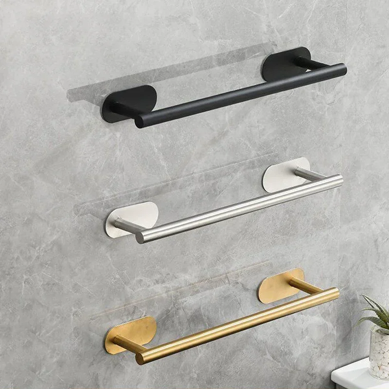 Self-Adhesive Towel Bar Holder Without Drilling Hole Tower Rack Hanger Shelf Storage Bathroom Towel Rod Bath Kitchen Towel Rail