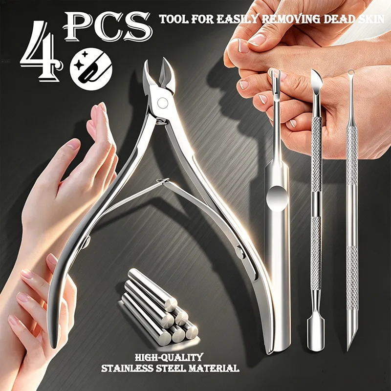 1/4Pcs Stainless Steel Nail Care Kit,Nail Clipper,Cuticle Pusher and Dead Skin Remover,Multifunctional Manicure Pedicure Tools
