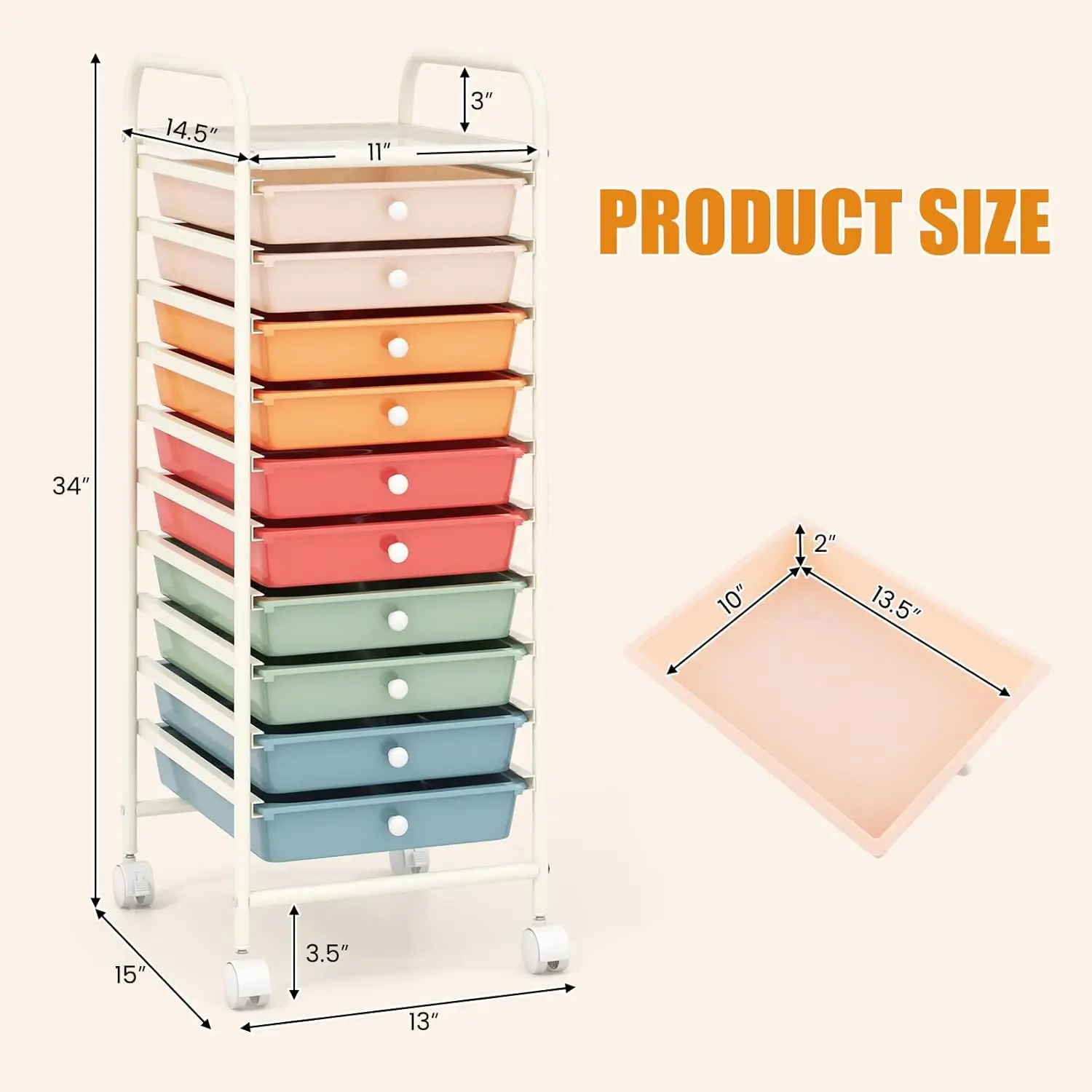 10-Drawer Rolling Storage Drawer Cart, Utility Cart with Removable Drawers & Metal Frame, Mobile Art Craft Drawer Cart