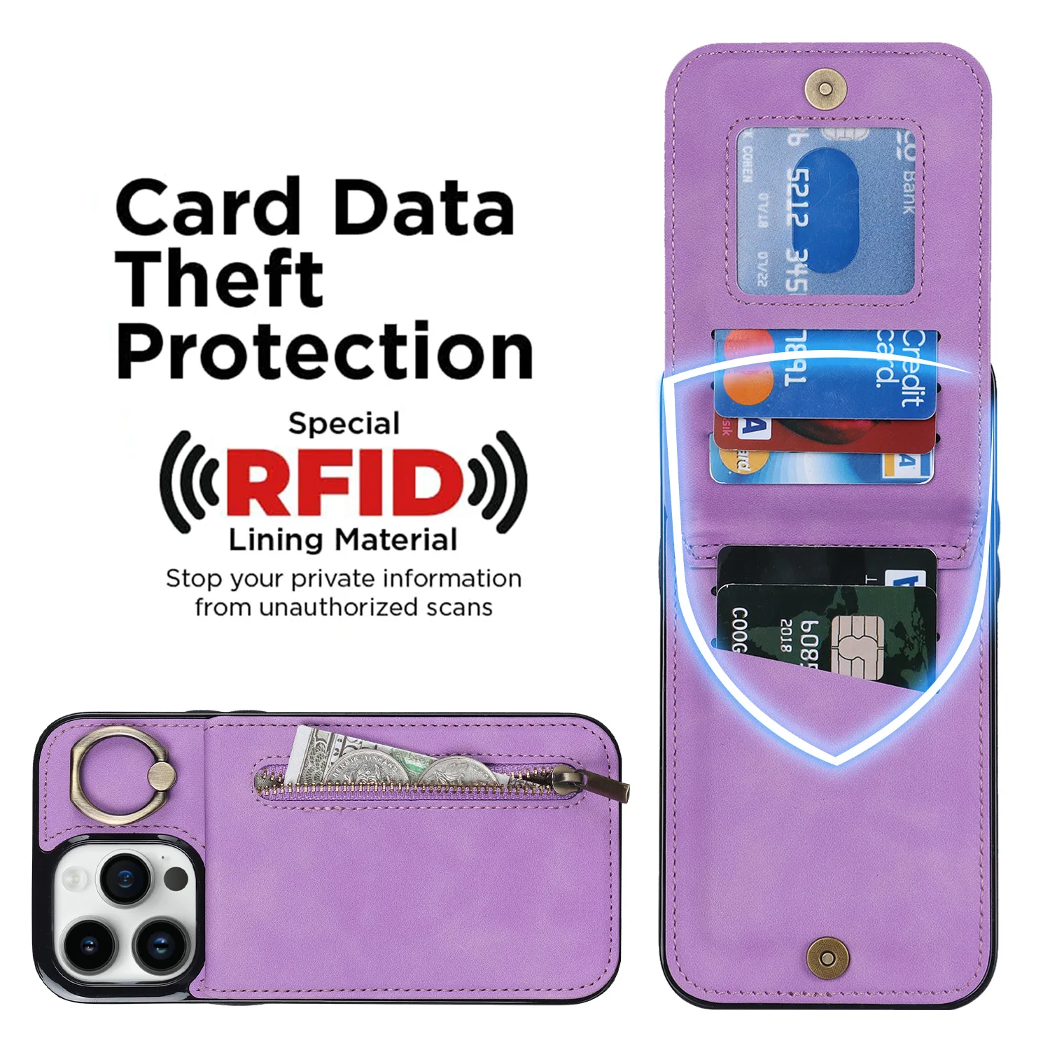 Zipper Leather Wallet Vertical Cards Solt Ring Holder Case For iPhone 14 15 Pro Max 13 12 11 XR 7 8 Plus SE 2022 RFID Bag Cover
