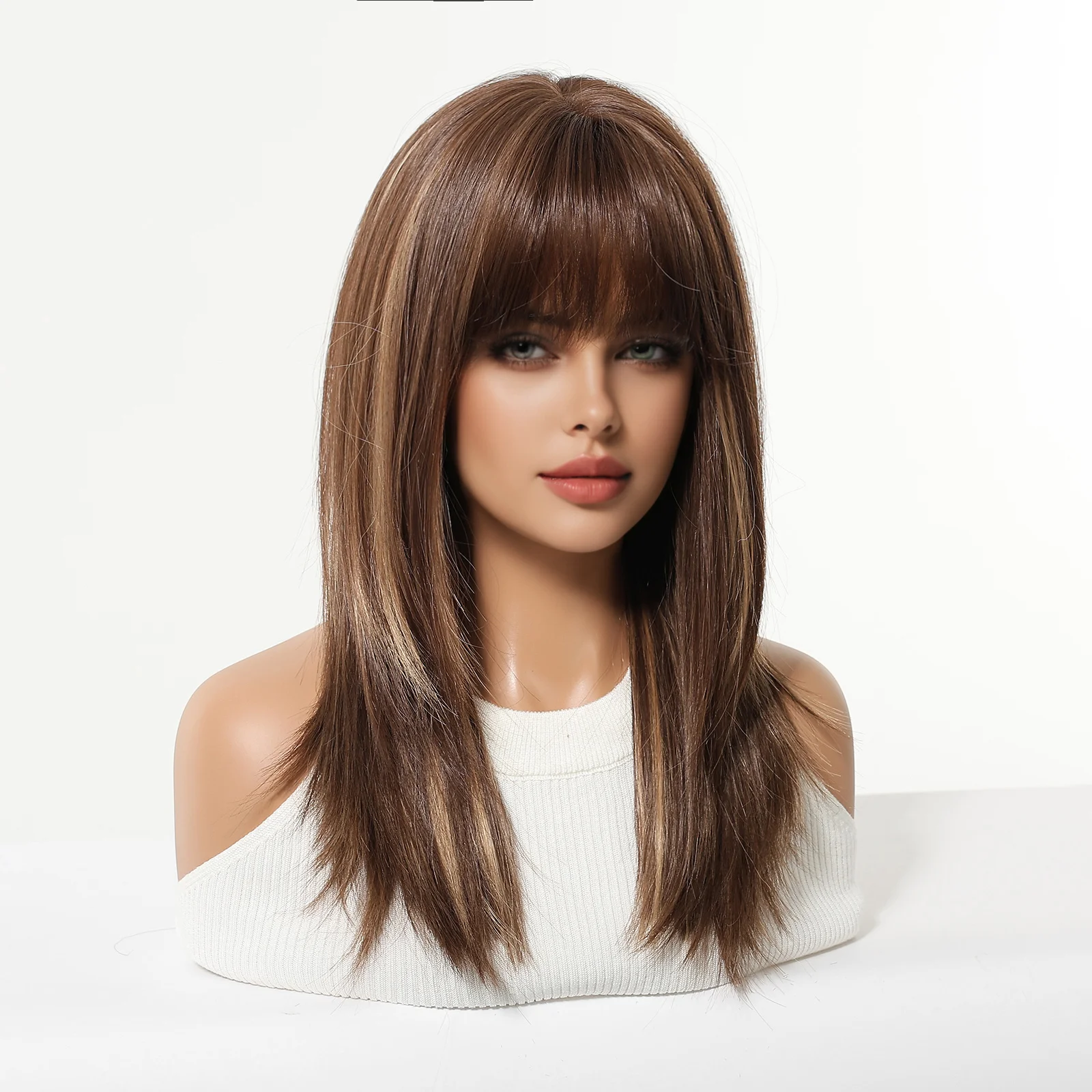 ALAN EATON Brown Highlight Synthetic Wig with Bangs Medium Length Layered Straight Wigs for Women Soft Natural Looking