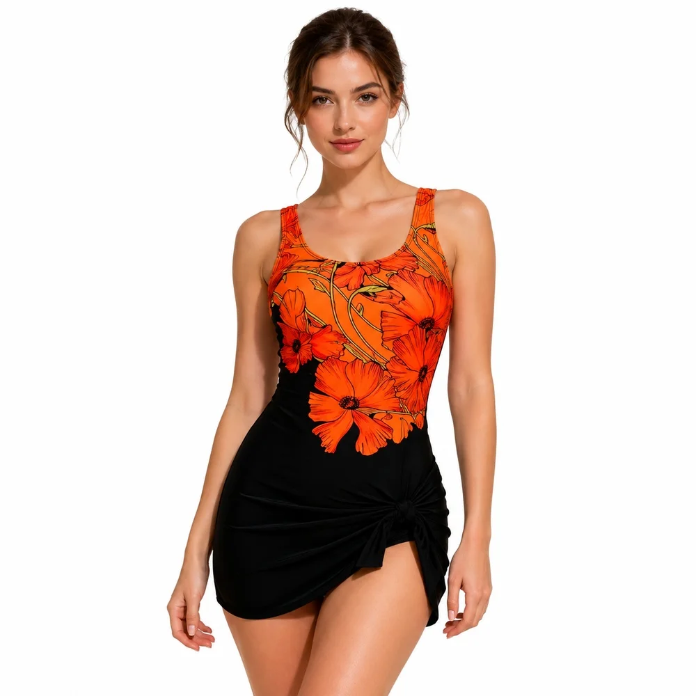 Women Floral Print One Piece Swimsuit Black Skirted Look Bottom Round Neck Ruched Side Knot Bathing Suit Beach Pool Vacation