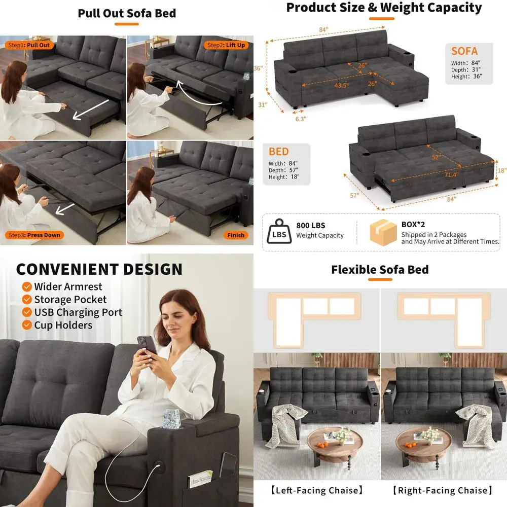 

84-дюймовый угловой диван-кровать с выдвижным спальным местом, шезлонгом с отсеками для хранения, скрытыми отделениями для хранения на подлокотниках, подстаканниками и USB-портами