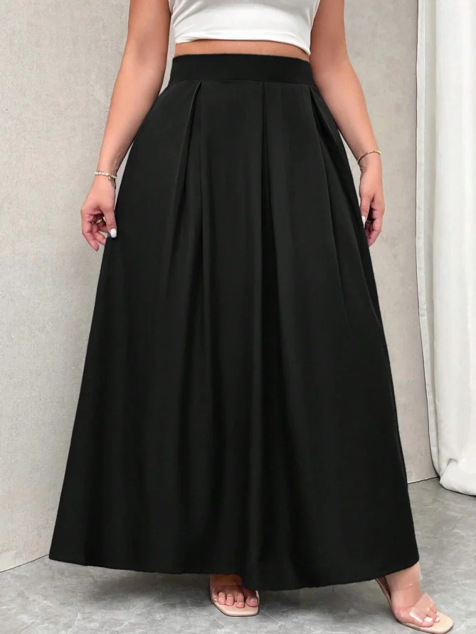 Maxirock in Übergröße für Damen, einfarbig schwarz, hohe Taille, plissiert, elastischer Bund, lässiger, lockerer langer Rock für Damen. – Detail 11