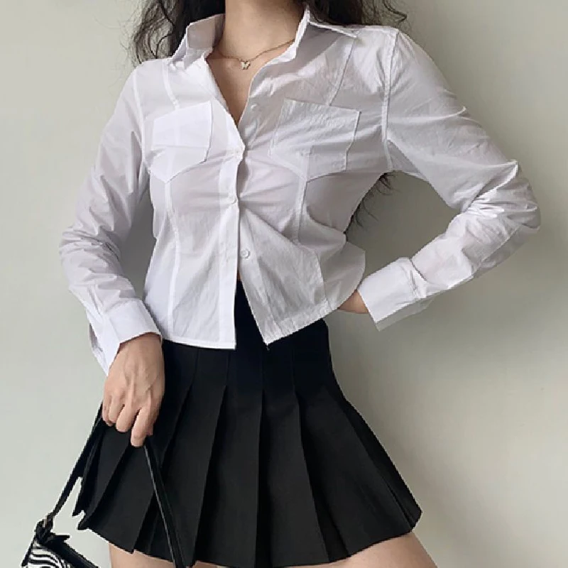 Rimocy White Crop Shirts for Women Korean Fashion Button Up Crop Tops Woman 2024 Spring Summer Long Sleeve Y2K Blouse Ladies