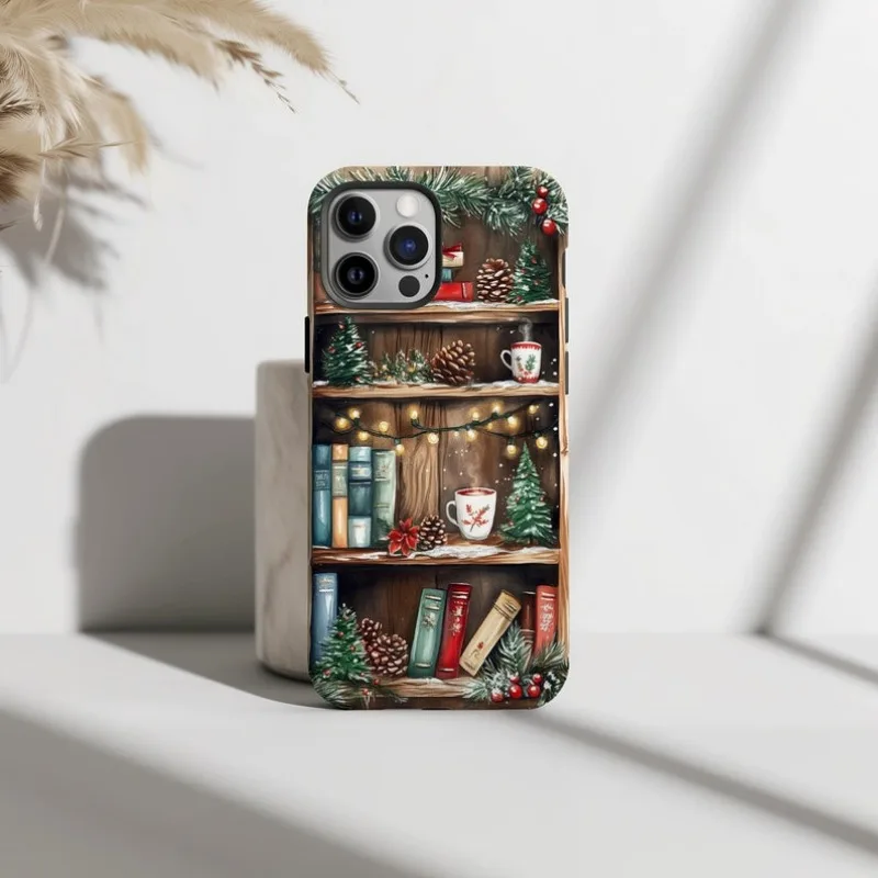 Bookish Christmas Bookshelf Phone Case For IPHONE 16 15PRO MAX 14 13 12 11 Acrylic TPU Two in one magnetic Phone Cases