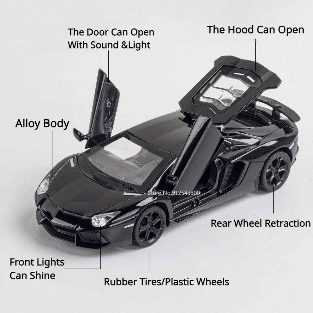 1/32 LP740 Zinc Alloy Sports Car Model Diecasting Toy Metal Body Vehicles with Sound and Light Pull Back Supercar for Boys Gift