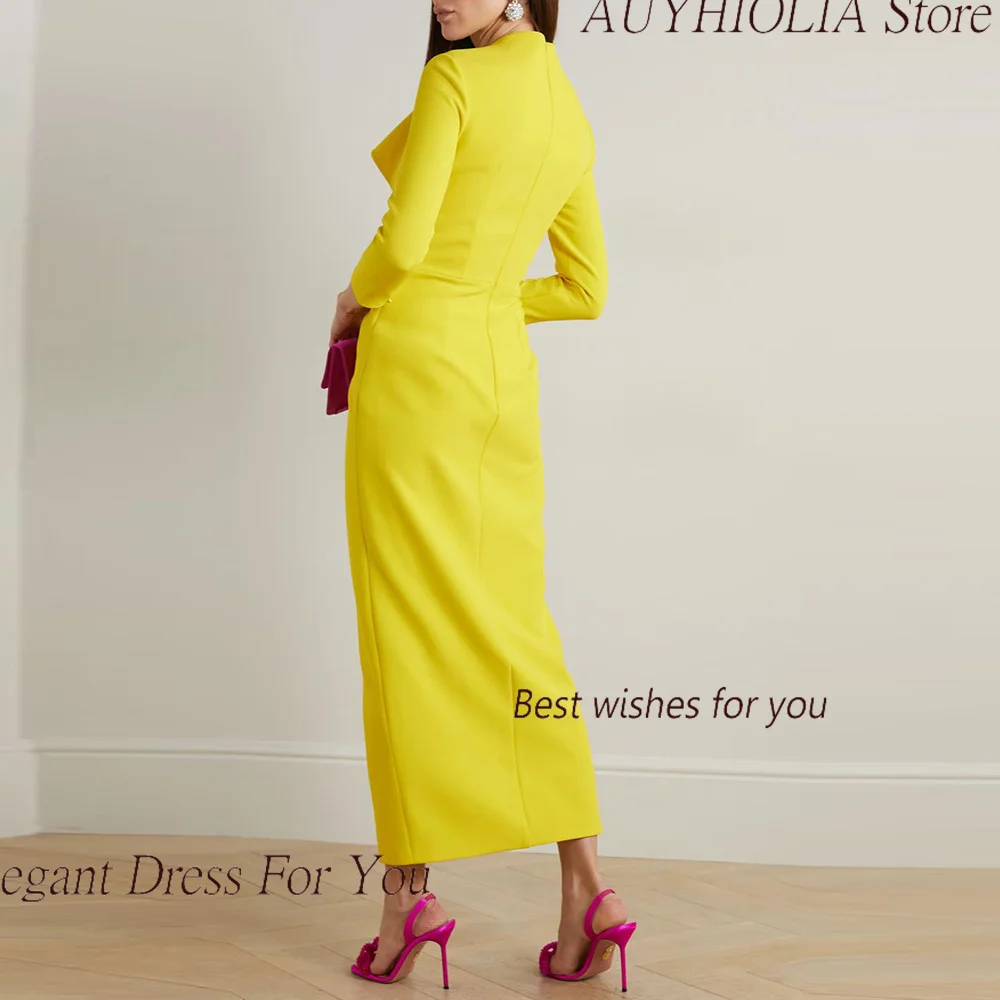 Crepe Evening Dress For Sexy Women 정장원피스 Vestidos de festa Elegant Ruched Fashion High Neck Yellow Cocktail Prom Gown 2024