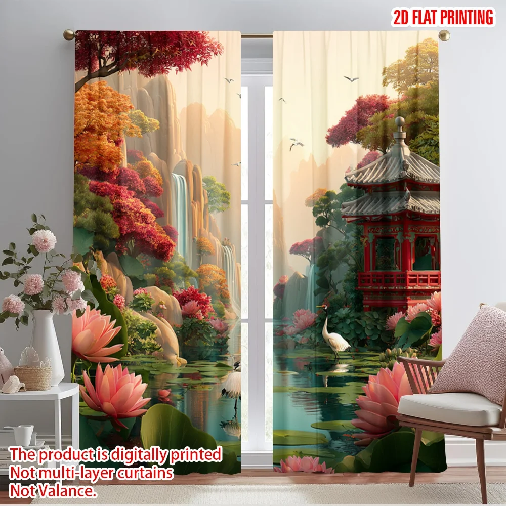 2pcs 2D flat printing Window Curtains Beautiful Crane Lotus Pagoda Landscape 100% Polyester Fabric Without Electricity Party