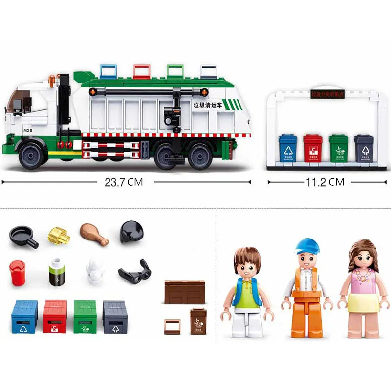 Sluban 432PCS Urban Sim City Garbage Truck Classification Sanitation Assembled Figures Building Blocks Constructor Toys B0780