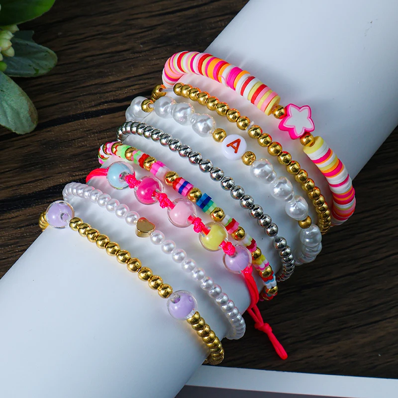 HI MAN-Bohemian Style Mix Colors Creative Baroque Pearl Glass Bead String Bracelets Friendship Gifts Fashion Jewelry 8 Pcs/Set