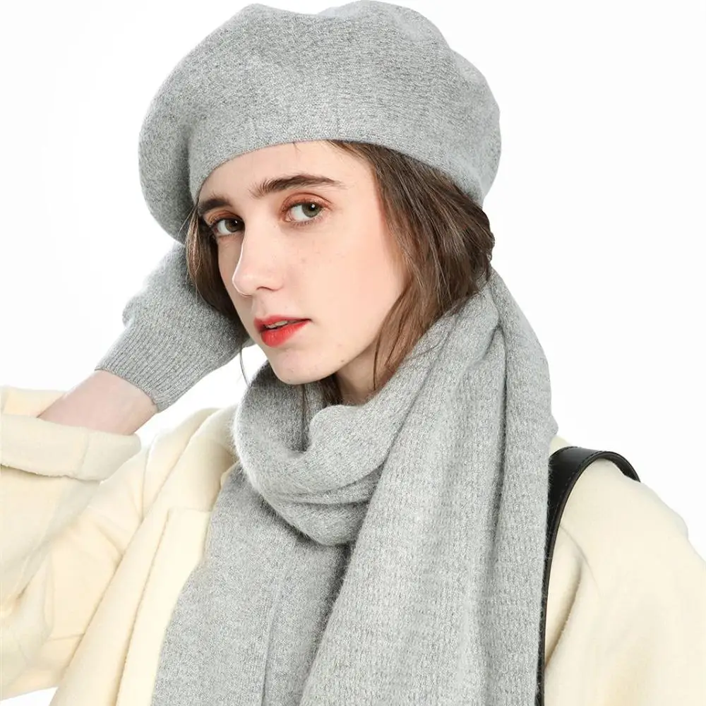 3pcs/set Warm Winter Cashmere Women Autumn Wool Half  Gloves Painter Hat Berets Hats Scarf Gloves Set