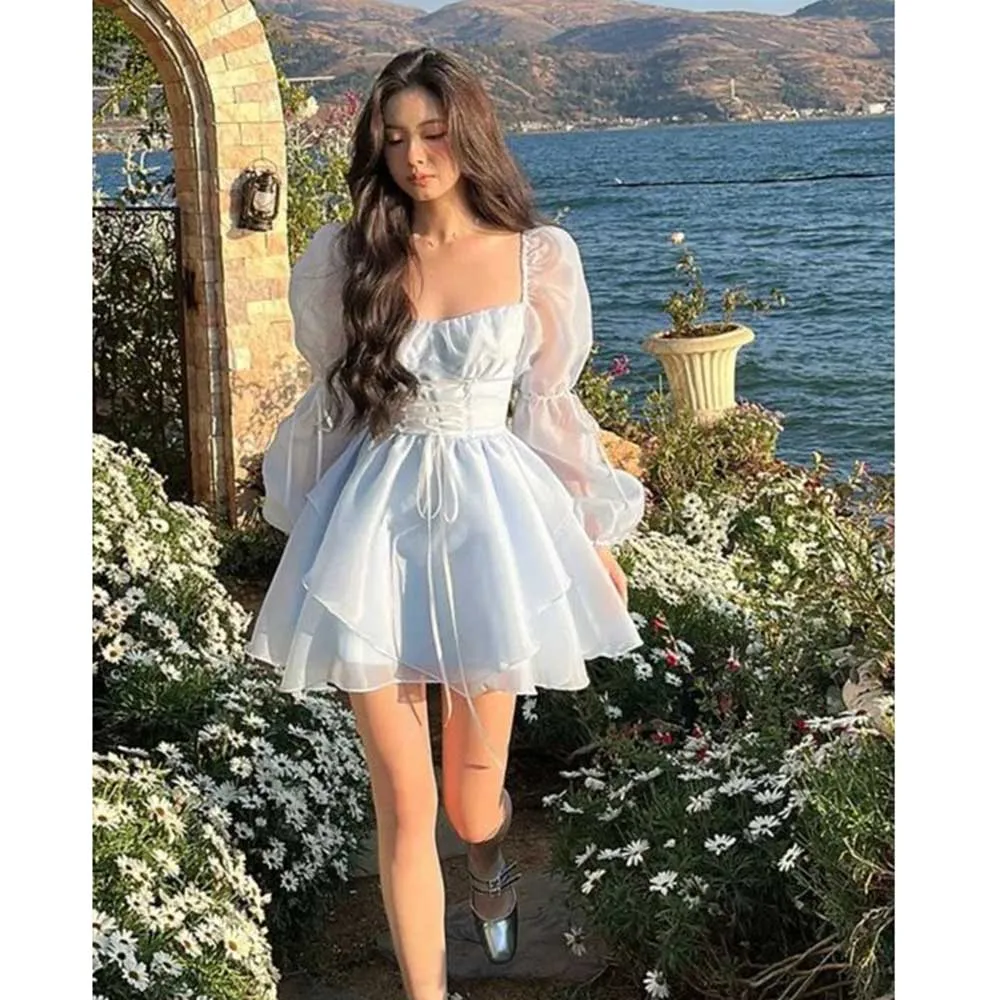 High Quality Light Blue Women Prom Dresses Full Sleeves Square Collar Above Knee Length Princess Fashion Chic Female Ball Gowns