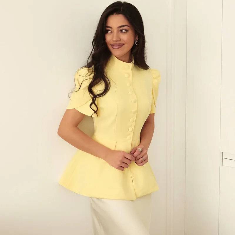 

Fashion Elegant Blazers Coats Short Sleeve Stand Neck Single Breasted Suits Slim Waist Design Tops 2026 Summer Women's Clothing