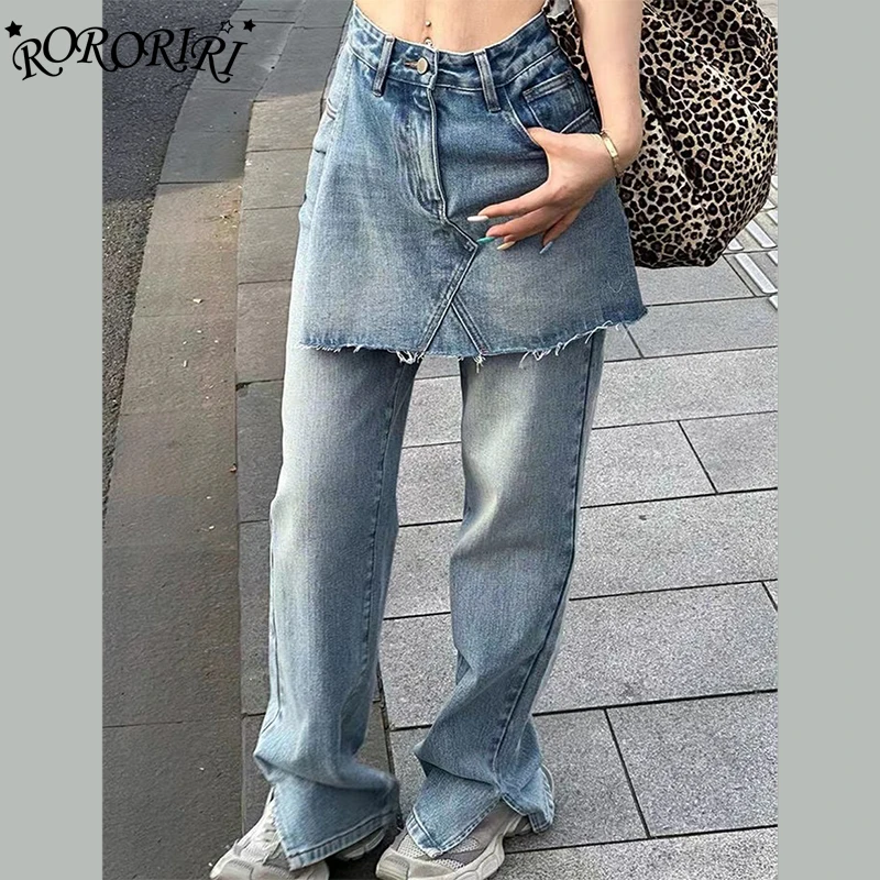 

RORORIRI женская винтажная американская джинсовая юбка из двух предметов, брюки, уличная одежда большого размера, повседневный лоскутный фартук с прямыми штанинами сзади