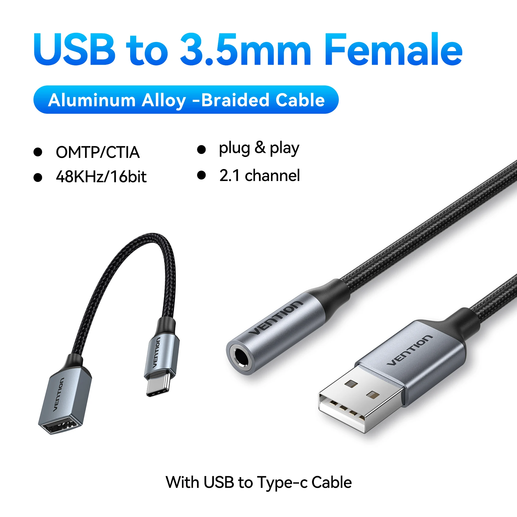 Vention USB naar 3.5mm audioadapter met externe stereogeluidskaart voor hoofdtelefoon, Mac, laptop, PC, PS5, USB naar 3.5mm vrouwelijke jack-kabel