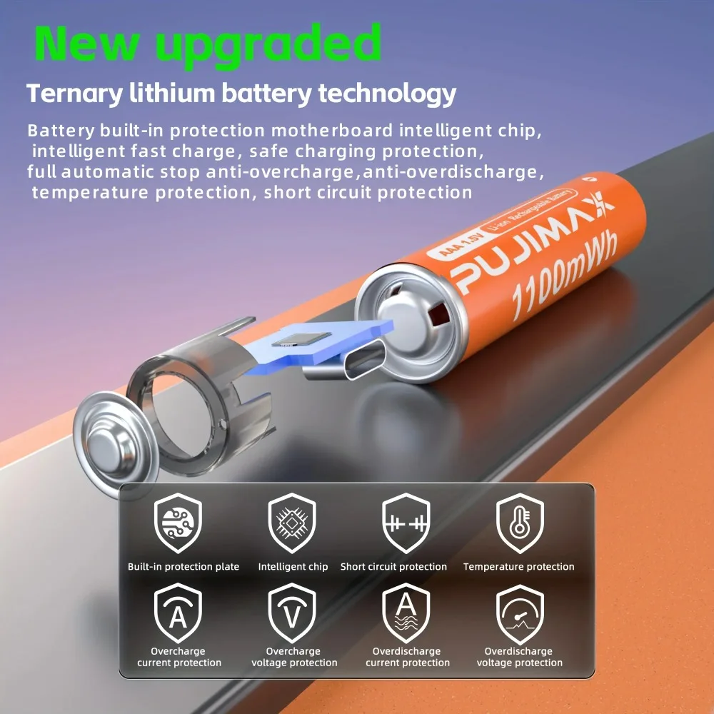 1.5V AA AAA High Capacity Rechargeable Lithium Battery, Durable Long Lasting Power Cells Suitable for Electronic Keys
