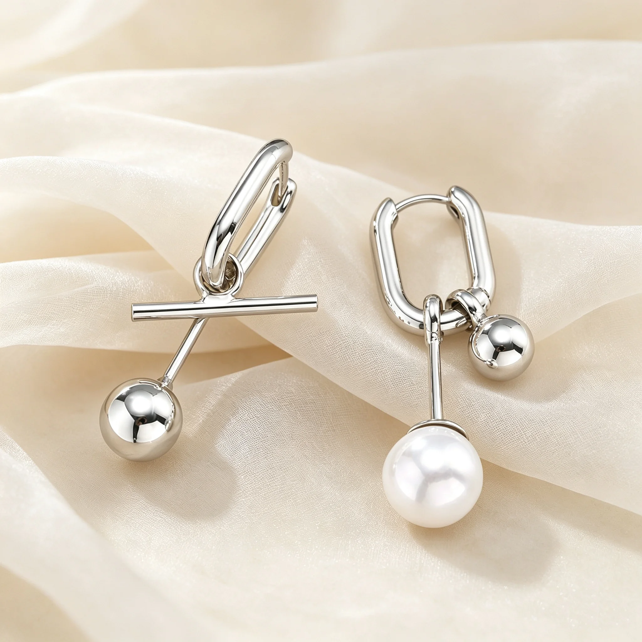 Geometrische U-förmige Asymmetrische Ohrringe Edelstahl Kugel Silberfarben Hängeohrringe Minimalistischer Modeschmuck Party-Geschenke