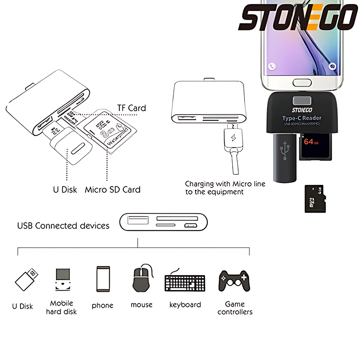 STONEGO-Telefone Inteligente Durável de Alta Velocidade, Multifuncional, Adaptador Universal, TF Micro SD, Porta de Carregamento USB, USB 3.1, 4 em 1