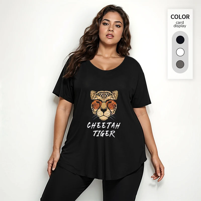 

【Футболка больших размеров】 (40-150 кг), топы больших размеров с леопардовым принтом, свободная модная футболка с короткими рукавами