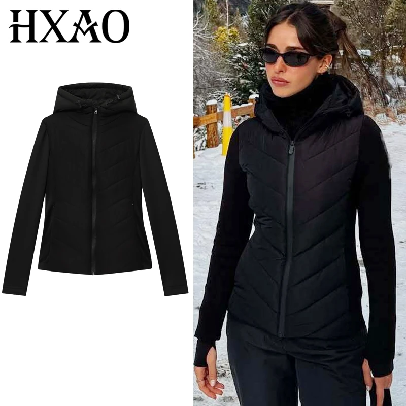 

HXAO 2025 Black Quilted Jacket Woman Autumn Winter Women's Jacket Fashion Zip Up Long Sleeve Coats Chic Warm Hood Padded Jackets