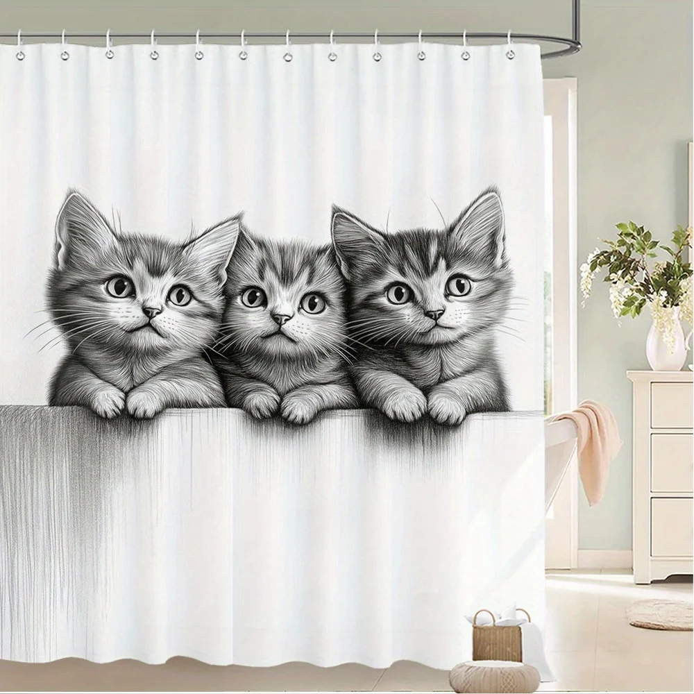 Cute Pet Kitten Sketch Shower Curtain Polyester Digital Printing Monochrome Pencil Drawing Of Three Sweet Little Tabby Kittens