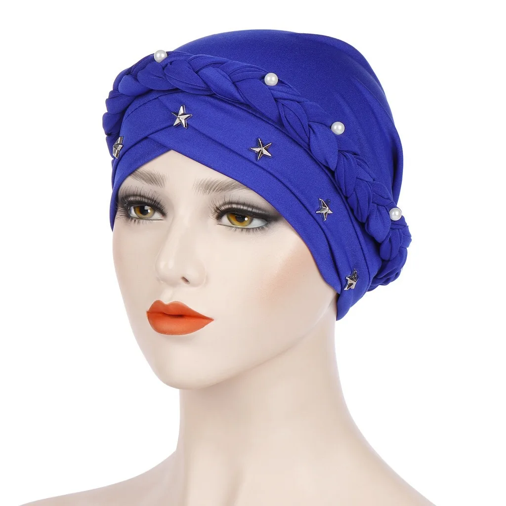 Muslim European and American Nailed Pentagram Monochrome Single Pearl Braid Baotou Hat Milk Silk Indian Baotou Hat