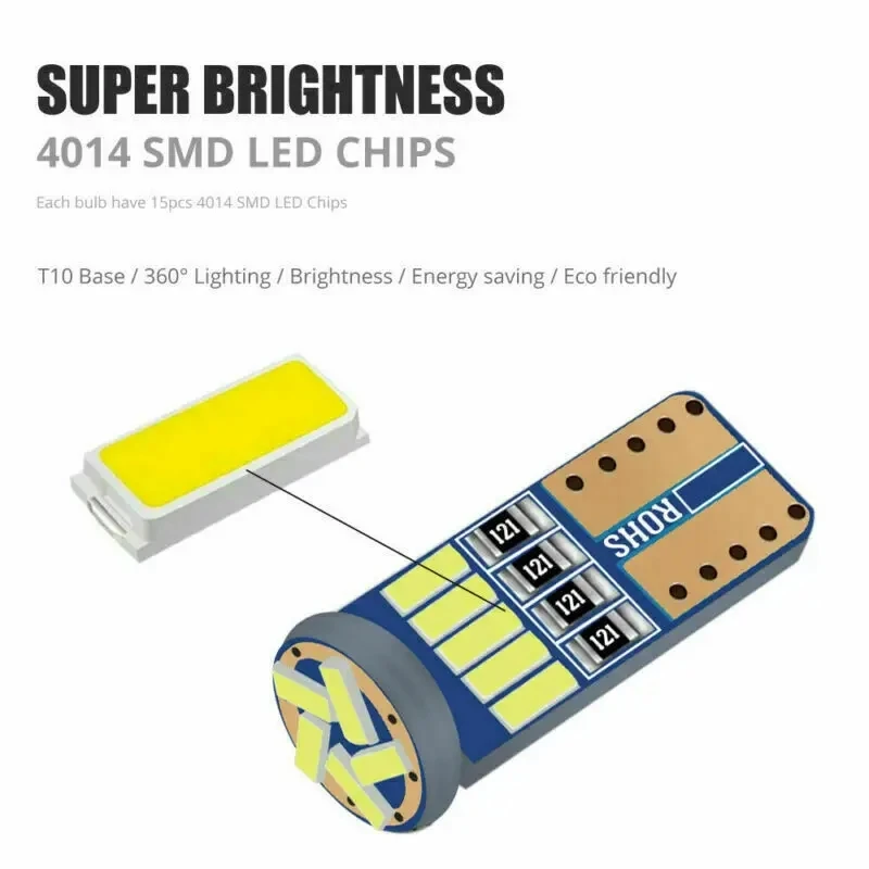 10Pcs T10 W5W 4014 15SMD LED Canbus High Power Car Clearance Wedge Side Light Interior Dome Reading Clearance Lamps 12V 6000K