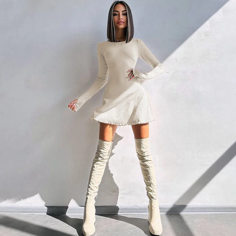 Women\'s 2024 Fall/Winter Fashion Simple Dress Long Sleeve Knitted Streetwear Slim Fit Short Mini Dress