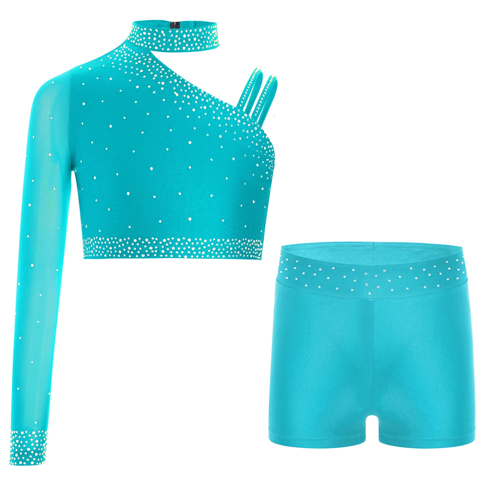 

Teen Sports Athletic Suits Kids Girl's Workout Gymnastics Dance Outfit Yoga Sets Unique Irregular Shoulder Crop Top with Shorts