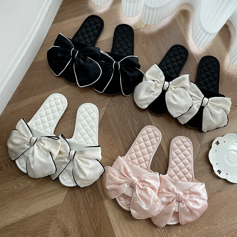Kids'Casual Sandals Satin Bow Slippers Summer Fashion Outdoor Breathable Shoes For Girls Anti-slip Black White Pink Shoes
