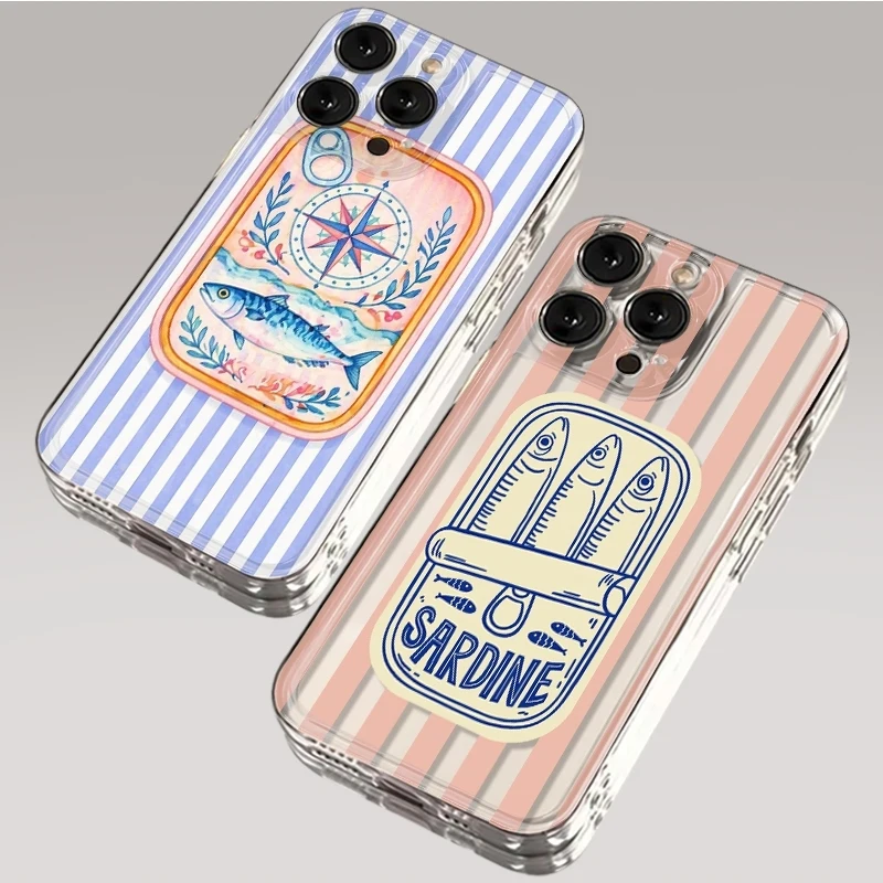 Cartoon Sardines Fis Striped Phone Case For iPhone 17 16 15 11 12 14 13 Pro Max Mini XS X XR 7 Plus 17E Shockproof Cover Fundas