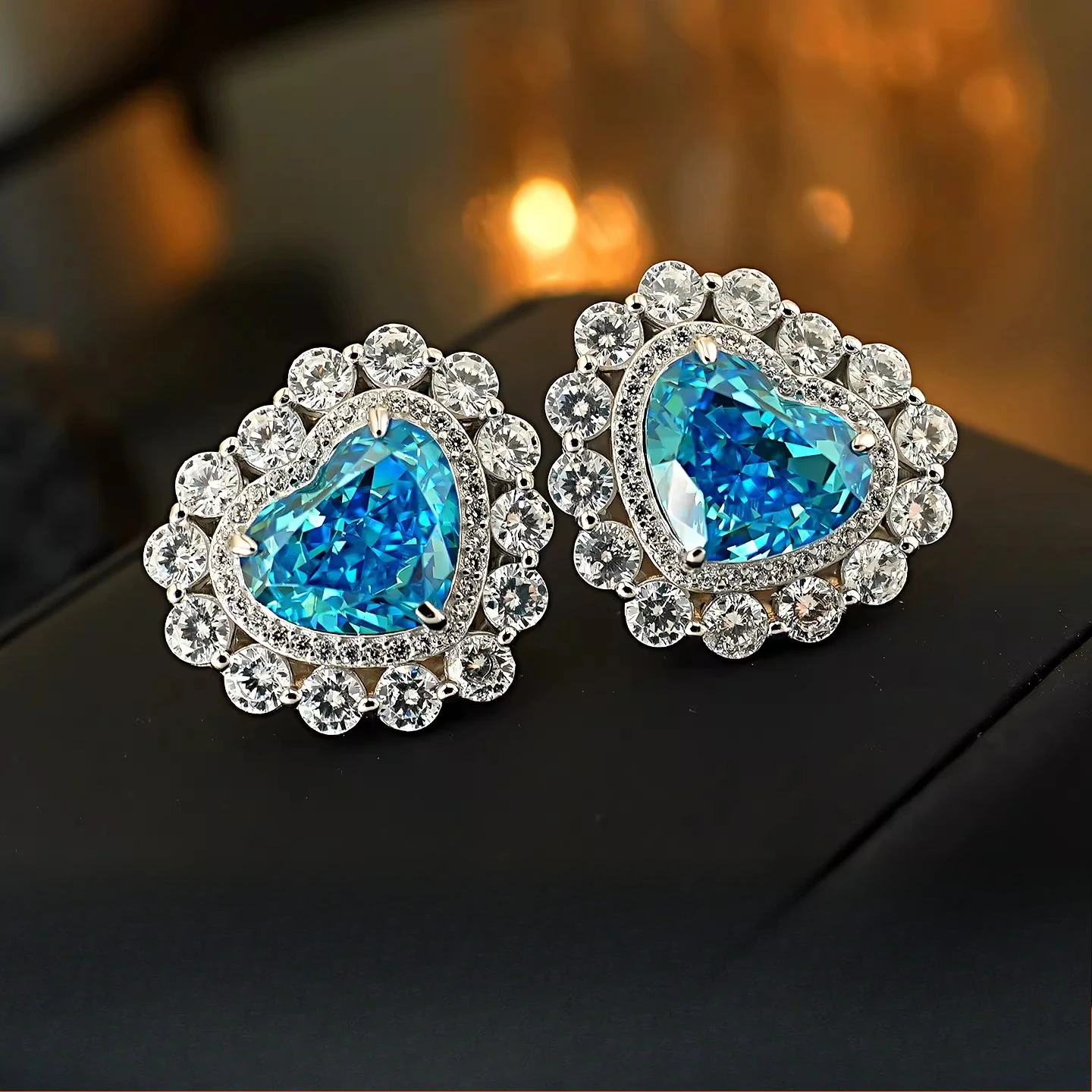 

925 Silver Earrings Sea Blue Sapphire Ice Flower Cut Women's Exaggerated Luxury Big Earrings