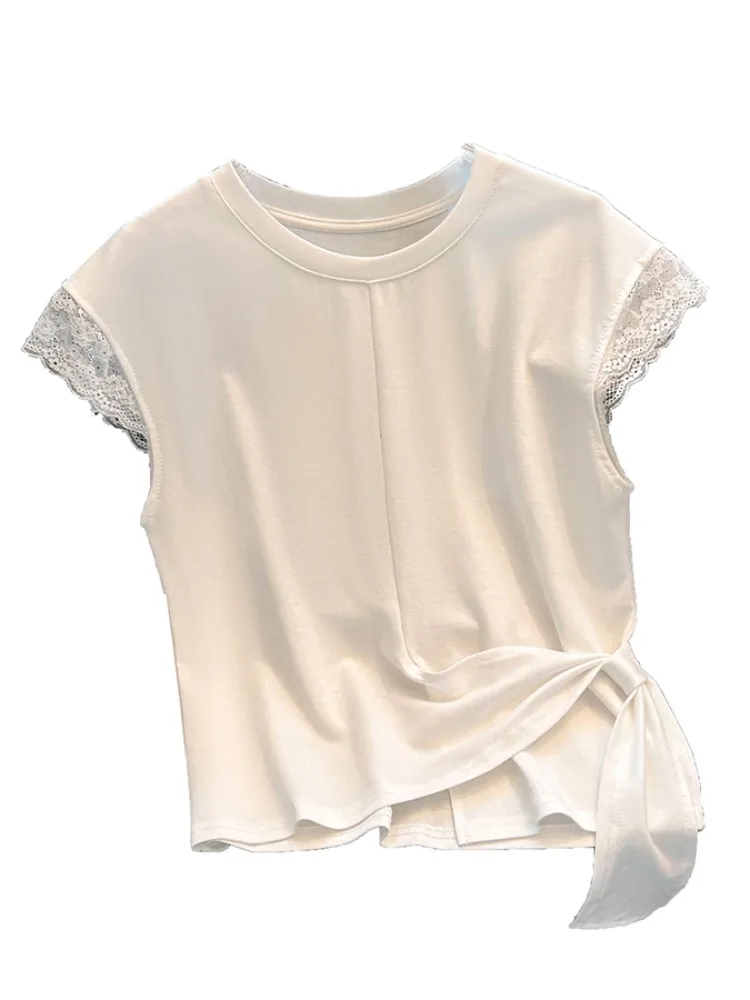 Lace Splice ort Sve T-shirt Dames Zomer Design Sense Gestreepte Bot ort Sle Koreaanse versie Slim Fit ronde Ne Top