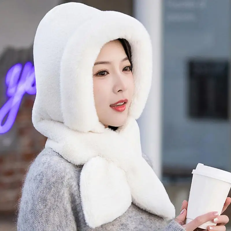 Windproof Hooded Scarf 2-in-1 Winter Hat With Hood Scarf Plush Warm Headwear VelvetCap Winter Hooded Scarf For Women