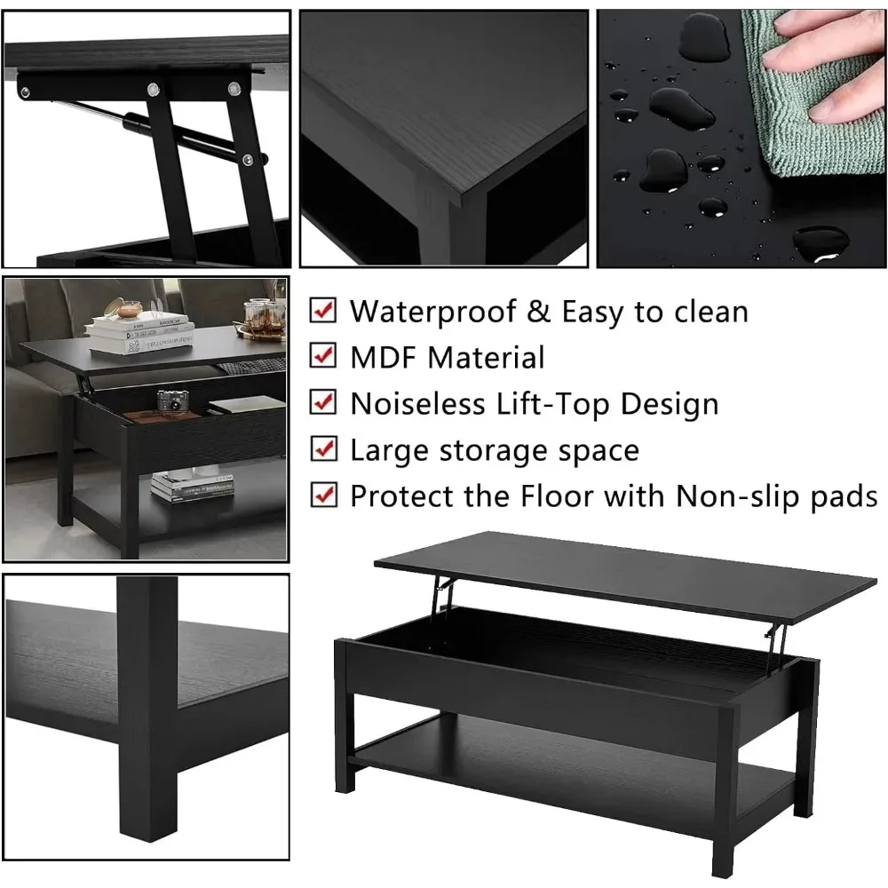 Lift Top Coffee Table with Hidden Compartment & Open Storage Shelf, Lift Tabletop Farmhouse Table Pop Up Table for Living Black