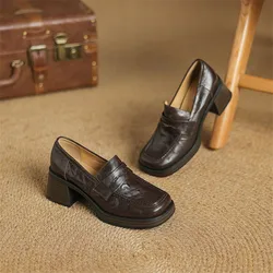 New Spring Genuine Leather Woman Shoes Square Toe Women Pumps Shoes for Women High Heel Platform Loafers Ladies Shoes Women