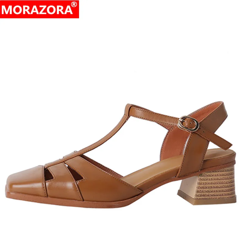 MORAZORA 2024 New Square Toe Gladiator Genuine Leather Women Sandals Buckle Solid Med Heels Ladies Dress Shoes